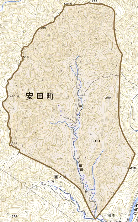 大字中ノ川とその周辺の地図。町の範囲を重ねている