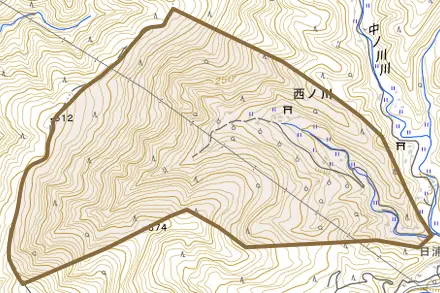 大字西ノ川とその周辺の地図。町の範囲を重ねている