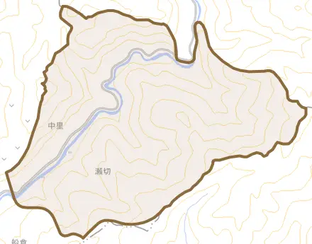 大字瀬切とその周辺の地図。町の範囲を重ねている