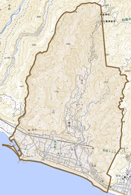 大字唐浜とその周辺の地図。町の範囲を重ねている