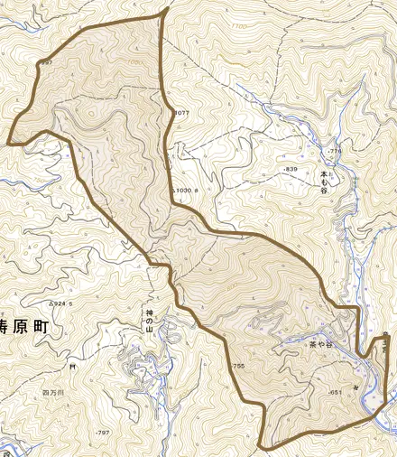 茶や谷とその周辺の地図。町の範囲を重ねている