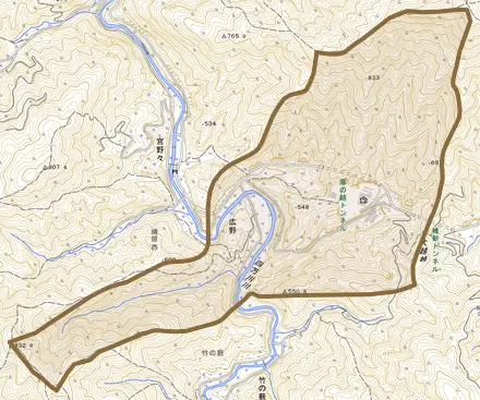 広野とその周辺の地図。町の範囲を重ねている