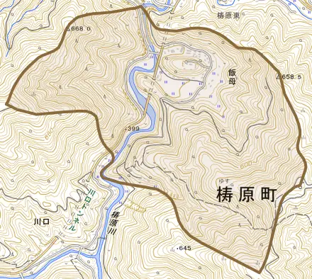 飯母とその周辺の地図。町の範囲を重ねている