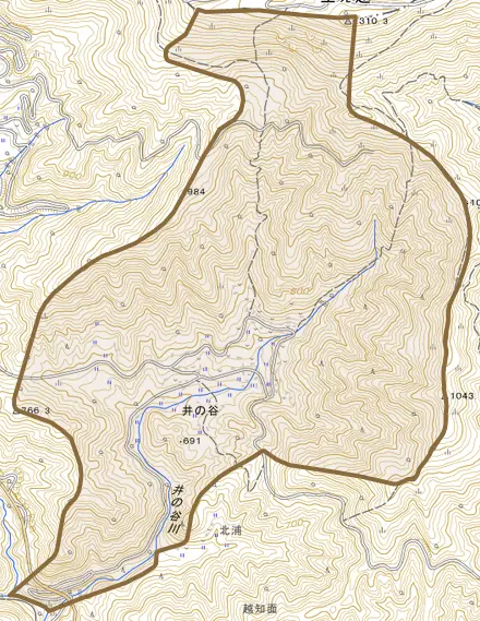 井の谷とその周辺の地図。町の範囲を重ねている