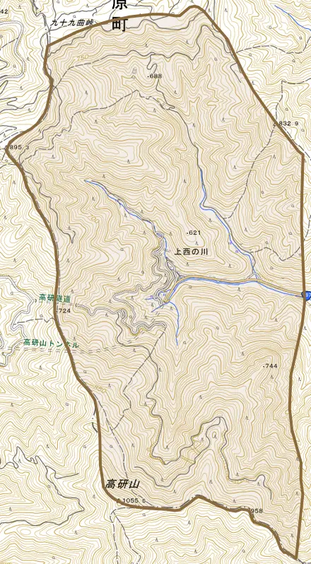 上西の川とその周辺の地図。町の範囲を重ねている