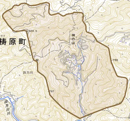 神の山とその周辺の地図。町の範囲を重ねている