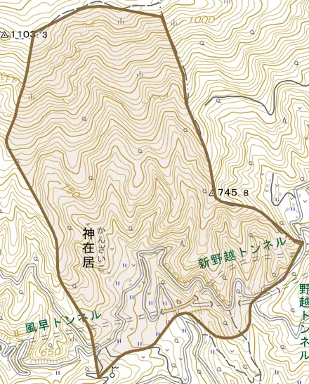 神在居とその周辺の地図。町の範囲を重ねている