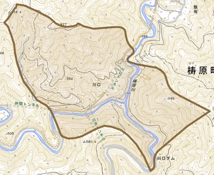川口とその周辺の地図。町の範囲を重ねている