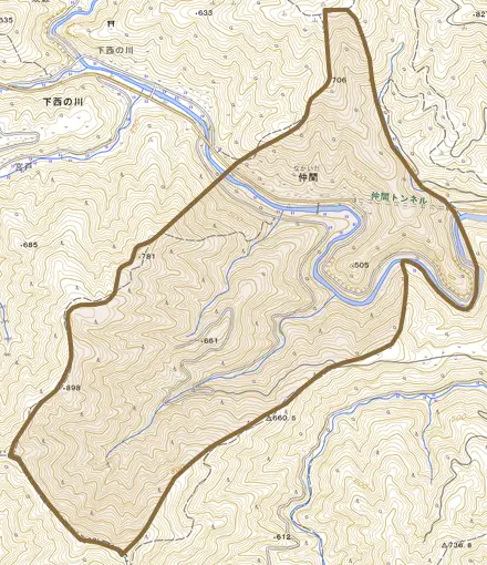 仲間とその周辺の地図。町の範囲を重ねている