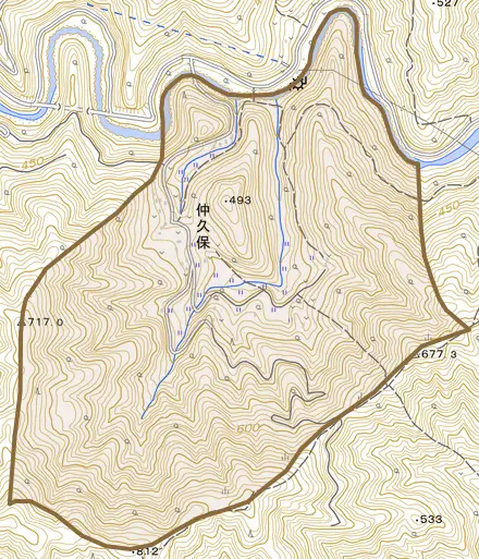 仲久保とその周辺の地図。町の範囲を重ねている