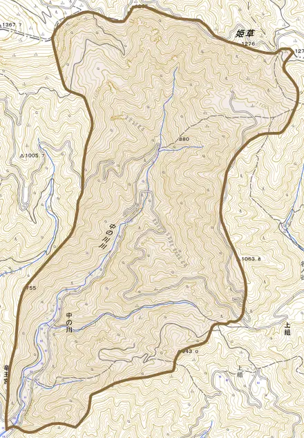 中の川とその周辺の地図。町の範囲を重ねている