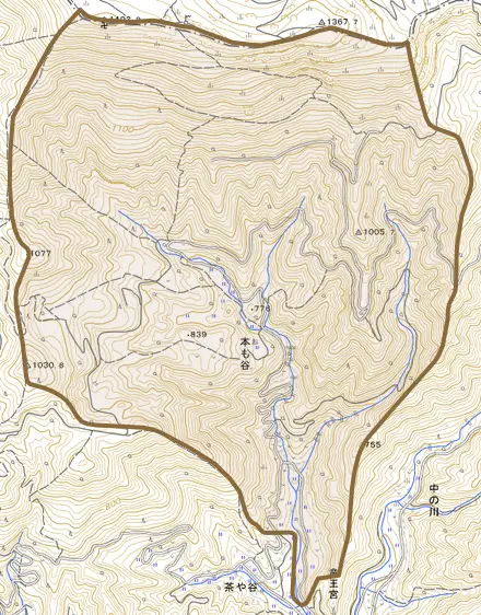 本も谷とその周辺の地図。町の範囲を重ねている