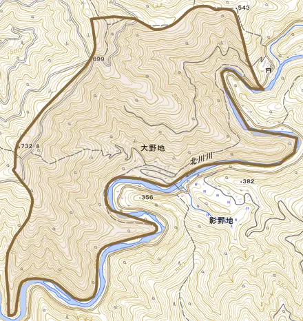 大野地とその周辺の地図。町の範囲を重ねている