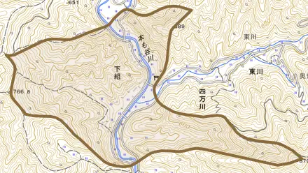 下組とその周辺の地図。町の範囲を重ねている