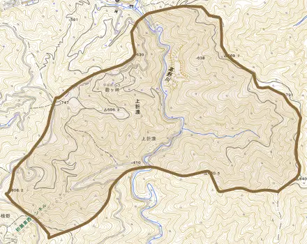上折渡とその周辺の地図。町の範囲を重ねている