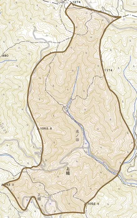 上組とその周辺の地図。町の範囲を重ねている