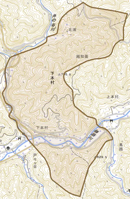 下本村とその周辺の地図。町の範囲を重ねている