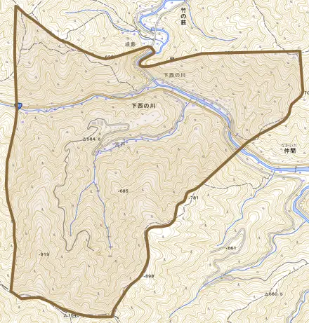 下西の川とその周辺の地図。町の範囲を重ねている