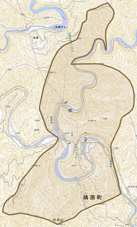 中平とその周辺の地図。町の範囲を重ねている
