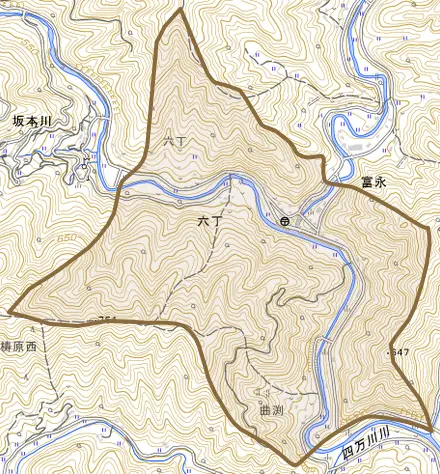 六丁とその周辺の地図。町の範囲を重ねている