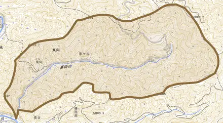 東向とその周辺の地図。町の範囲を重ねている