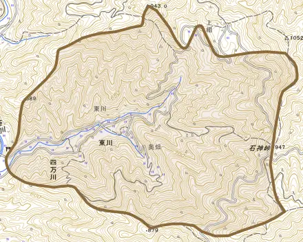 東川とその周辺の地図。町の範囲を重ねている