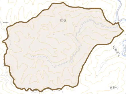 松谷とその周辺の地図。町の範囲を重ねている