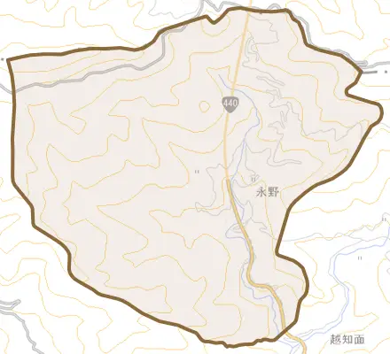 永野とその周辺の地図。町の範囲を重ねている