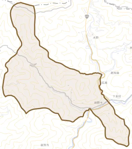 田野々とその周辺の地図。町の範囲を重ねている