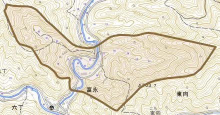 富永とその周辺の地図。町の範囲を重ねている