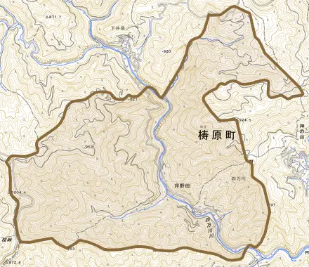 坪野田とその周辺の地図。町の範囲を重ねている