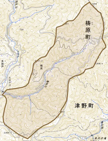 横貝とその周辺の地図。町の範囲を重ねている