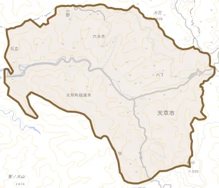 天草町福連木とその周辺の地図。町の範囲を重ねている