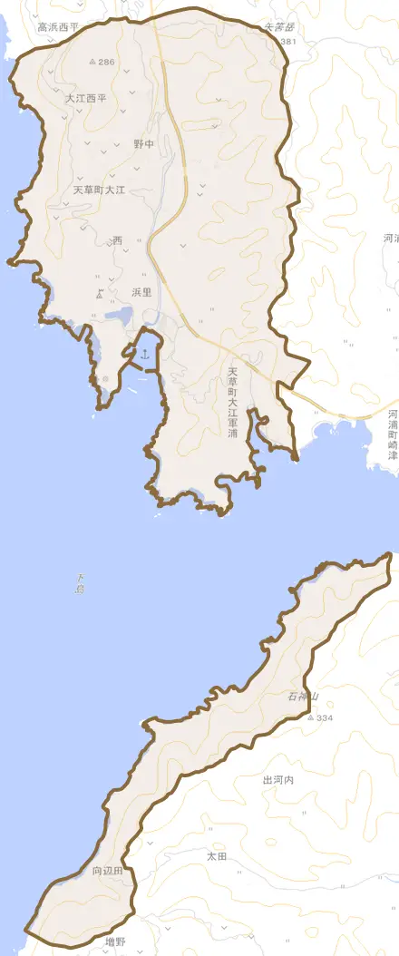 天草町大江とその周辺の地図。町の範囲を重ねている