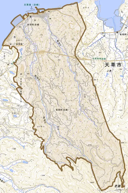 有明町赤崎とその周辺の地図。町の範囲を重ねている