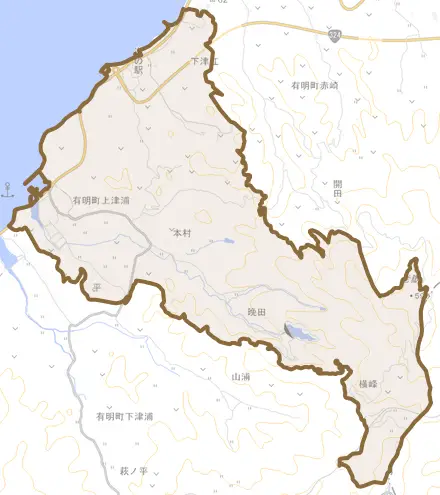 有明町上津浦とその周辺の地図。町の範囲を重ねている