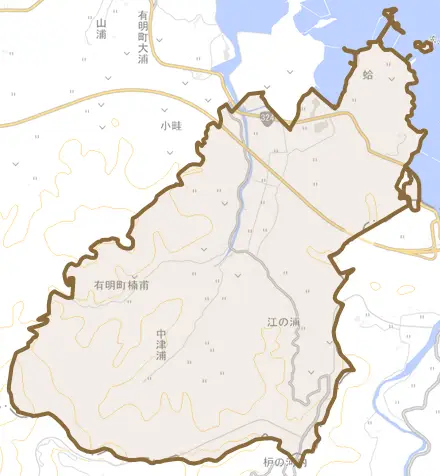 有明町楠甫とその周辺の地図。町の範囲を重ねている