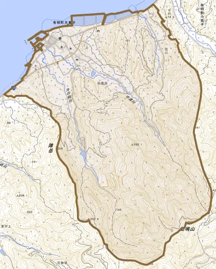有明町大島子とその周辺の地図。町の範囲を重ねている
