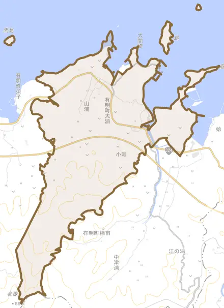 有明町大浦とその周辺の地図。町の範囲を重ねている