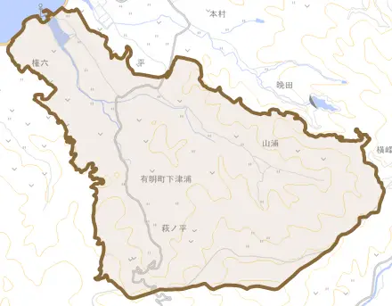 有明町下津浦とその周辺の地図。町の範囲を重ねている