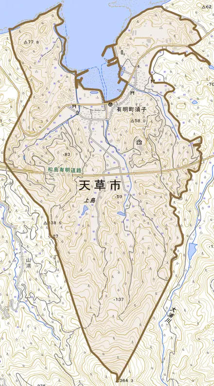 有明町須子とその周辺の地図。町の範囲を重ねている