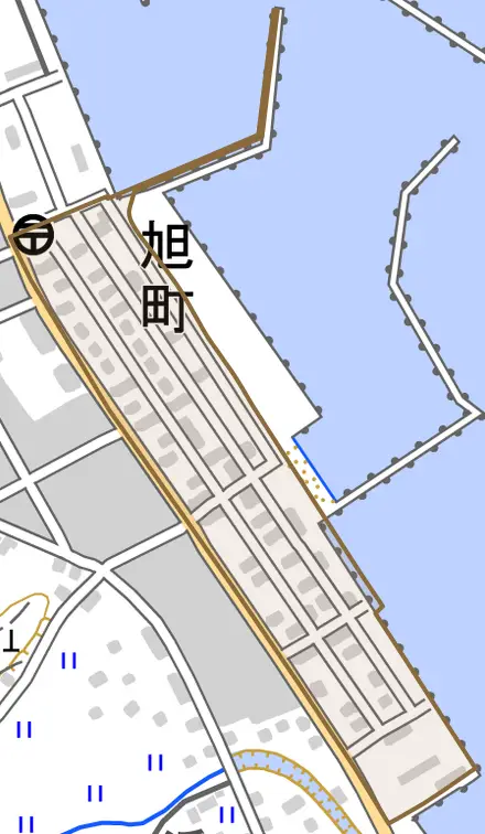 旭町とその周辺の地図。町の範囲を重ねている