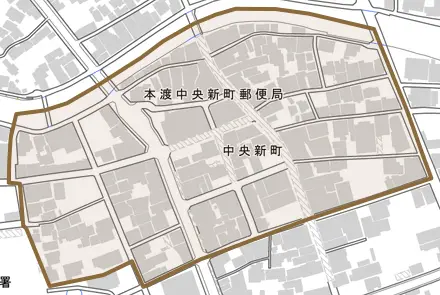 中央新町とその周辺の地図。町の範囲を重ねている