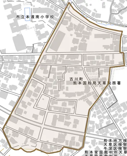 古川町とその周辺の地図。町の範囲を重ねている