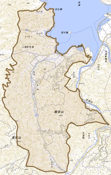 二浦町早浦とその周辺の地図。町の範囲を重ねている