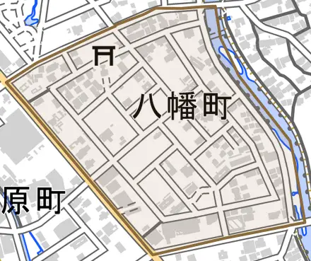 八幡町とその周辺の地図。町の範囲を重ねている
