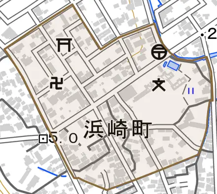 浜崎町とその周辺の地図。町の範囲を重ねている