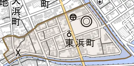 東浜町とその周辺の地図。町の範囲を重ねている