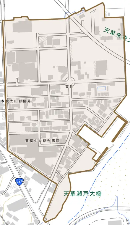 東町とその周辺の地図。町の範囲を重ねている