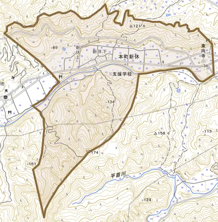 本町新休とその周辺の地図。町の範囲を重ねている